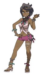 Rule 34 | 1girl, absurdres, anklet, black eyes, black hair, bracelet, creatures (company), dark skin, earrings, elite four, feet, game freak, hand on own hip, highres, jewelry, lipstick, looking at viewer, makeup, nail polish, necklace, nintendo, official art, olivia (pokemon), pokemon, pokemon sm, sandals, short hair, shorts, standing, toes, wavy hair