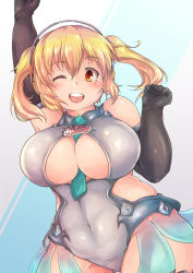 Rule 34 | 1girl, ;d, bare shoulders, between breasts, blonde hair, blush, breasts, cleavage, covered navel, cowboy shot, elbow gloves, gloves, goodsmile racing, headphones, heo (tkgm), huge breasts, large breasts, leotard, looking at viewer, necktie, necktie between breasts, nitroplus, one eye closed, open mouth, orange eyes, plump, race queen, round teeth, short hair, skin tight, smile, solo, super pochaco, teeth, thick thighs, thighs, twintails, wide hips