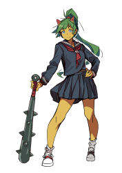 Rule 34 | 1girl, absurdres, blue eyes, club, club (weapon), colored skin, commentary, contrapposto, green hair, hand on own hip, highres, horns, kanabou, long hair, looking at viewer, oni, original, pleated skirt, ponytail, school uniform, shoes, skirt, smile, sneakers, solo, standing, twinpoo, weapon, yellow skin