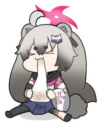 Rule 34 | &gt; &lt;, 1girl, ahoge, animal ear fluff, animal ears, black footwear, black pantyhose, black sleeves, blue archive, chibi, closed eyes, closed mouth, detached sleeves, eating, facing viewer, food, full body, grey hair, halo, holding, holding food, long hair, long sleeves, lowres, michiru (blue archive), mochi, nyaru (nyaru 4126), pantyhose, raccoon ears, raccoon girl, raccoon tail, shadow, shoes, simple background, single detached sleeve, single leg pantyhose, single sleeve, sitting, solo, tail, twintails, very long hair, white background, wide sleeves