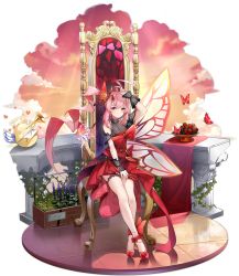 Rule 34 | 1girl, animal, arm up, azur lane, balcony, bare legs, bare shoulders, bird, bridal garter, bug, butterfly, butterfly hair ornament, butterfly wings, chick, closed mouth, clothing cutout, cloud, dress, food, fruit, full body, gem, hair ornament, halo, highres, ikazuchi (azur lane), ikazuchi (dawn&#039;s thunder) (azur lane), insect, insect wings, instrument, long hair, looking at viewer, manjuu (azur lane), nail polish, official alternate costume, official art, ootsuki momiji, pink hair, ponytail, red dress, red eyes, red footwear, red gemstone, red theme, reflection, ribbed dress, shoulder cutout, side ponytail, single wing, sitting, solo, strawberry, throne, transparent background, trumpet, very long hair, wings, wrist cuffs
