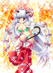 Rule 34 | 1girl, animal ears, bow, bow bra, bra, breasts, cat ears, cat girl, cat tail, cleavage, female focus, fujiwara no mokou, green bra, green panties, hair bow, hair ribbon, kamiya tomoe, kemonomimi mode, large breasts, lens flare, lingerie, long hair, open clothes, open mouth, open shirt, panties, red eyes, ribbon, shirt, silver hair, skindentation, solo, suspenders, tail, tail ornament, tail ribbon, thighhighs, touhou, underwear
