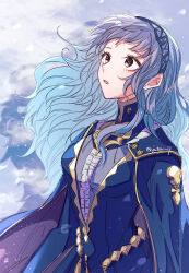 Rule 34 | 1girl, :o, artist name, blue cape, blue dress, blue hair, brown eyes, cape, commentary request, dress, eyelashes, fire emblem, fire emblem: three houses, fire emblem warriors: three hopes, gold trim, highres, long hair, looking up, marianne von edmund, nintendo, official alternate costume, official alternate hairstyle, parted lips, solo, twitter username, wavy hair, yutohiroya