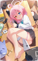 Rule 34 | 1boy, 1girl, ahoge, aqua necktie, ass, barefoot, black skirt, blue archive, blue eyes, blush, bullet, chair, collared shirt, doodle sensei (blue archive), gun, halo, highres, hoshino (blue archive), hoshino (young) (blue archive), long sleeves, necktie, open mouth, painter-lhb, panties, panty pull, pink hair, pink halo, pink panties, pleated skirt, sensei (blue archive), shirt, short hair, skirt, toes, underwear, weapon, white shirt, yellow eyes