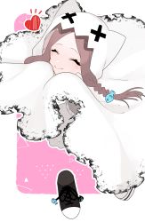 Rule 34 | 1girl, absurdres, artist request, black footwear, braid, brown hair, character request, copyright request, closed eyes, fish hair ornament, hair ornament, hands up, heart, highres, hood, hood up, invisible, long hair, pink background, shadow, shoes, smile, solo, twin braids, virtual youtuber