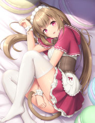 Rule 34 | 1girl, animal ears, ass, bare arms, bed sheet, breasts, brown hair, capelet, cat ears, cat girl, cat tail, commentary request, frilled skirt, frills, head tilt, headdress, hood, hood down, hooded capelet, long hair, looking at viewer, lying, macaron-shaped pillow, medium breasts, miniskirt, no shoes, on side, open mouth, original, panties, parted lips, pillow, pink eyes, red capelet, red skirt, sasaame, shirt, sidelocks, skirt, sleeveless, sleeveless shirt, smile, solo, tail, thighhighs, underbust, underwear, white panties, white shirt, white thighhighs, wrist cuffs
