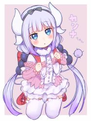 Rule 34 | 10s, 1girl, backpack, bag, blue eyes, commentary request, dragon girl, dragon horns, dragon tail, hair bobbles, hair ornament, hairband, highres, horns, kakizato, kanna kamui, kobayashi-san chi no maidragon, light purple hair, looking at viewer, low twintails, parted lips, randoseru, sitting, sketch, slit pupils, solo, tail, thighhighs, translation request, twintails, wariza, white thighhighs, zettai ryouiki