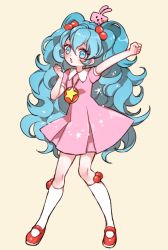 Rule 34 | 1girl, big hair, blue eyes, blue hair, copyright request, dress, full body, hair between eyes, hair bobbles, hair ornament, hand up, jewelry, looking at viewer, mamaloni, necklace, pink dress, puffy short sleeves, puffy sleeves, rabbit, red footwear, shoes, short sleeves, simple background, socks, solo, white socks, yellow background