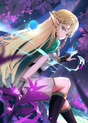 Rule 34 | 1girl, absurdres, belt, black belt, black footwear, blonde hair, boots, braid, closed mouth, commentary request, dress, elf, eltolinde (unicorn overlord), fingernails, flower, gold trim, green eyes, highres, jewelry, long hair, looking at viewer, pointy ears, purple flower, ring, sidelocks, sitting, sleeveless, sleeveless dress, smile, solo, unicorn overlord, very long hair, w lf-sirick, white dress
