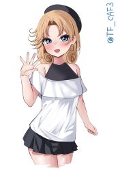 Rule 34 | 1girl, alternate costume, beret, black hat, black skirt, blonde hair, blue eyes, blush, breasts, casual, cowboy shot, frills, hat, highres, janus (kancolle), kantai collection, looking at viewer, one-hour drawing challenge, open mouth, shirt, short hair, skirt, small breasts, smile, solo, tf cafe, twitter username, white background, white shirt