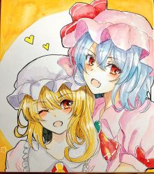 Rule 34 | 2girls, :d, ascot, blonde hair, blue hair, blush, dress, fang, flandre scarlet, hair between eyes, hat, hat ornament, heart, looking at viewer, mob cap, multiple girls, one eye closed, open mouth, photo (medium), pink dress, pink hat, puffy short sleeves, puffy sleeves, red ascot, red eyes, remilia scarlet, short sleeves, siblings, sisters, smile, tanaji, touhou, traditional media, white hat, yellow ascot, yellow background