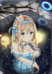 Rule 34 | 1girl, absurdres, bachibachi (tisen), bare shoulders, blonde hair, blue eyes, blush, breasts, cleavage, closed mouth, cord pull, detached sleeves, dress, from above, full body, girls&#039; frontline, hair between eyes, hair ornament, hairband, highres, holding, holding microphone, holding microphone stand, in water, lights, long hair, looking at viewer, medium breasts, microphone, microphone stand, official alternate costume, ripples, sidelocks, skirt, smile, snowflake hair ornament, solo, standing, strapless, strapless dress, suomi (girls&#039; frontline), suomi (korvatunturi pixie) (girls&#039; frontline)