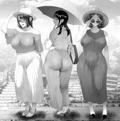 Rule 34 | 3girls, ass, baggy pants, breasts, from behind, hat, high heels, hyji, large breasts, long hair, long skirt, looking at viewer, looking back, mature female, monochrome, multiple girls, parasol, pendant, sandals, short hair, sleeveless, sleeveless dress, sundress, sunglasses