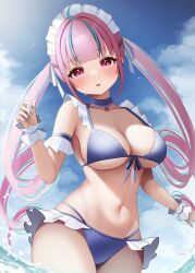 Rule 34 | 1girl, absurdres, bare shoulders, blue hair, breasts, cleavage, create8, highres, hololive, large breasts, looking at viewer, minato aqua, multicolored hair, outdoors, pink eyes, pink hair, solo, streaked hair, swimsuit, twintails, virtual youtuber