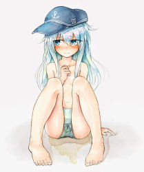 Rule 34 | 1girl, anchor symbol, black hat, blue eyes, blush, breasts, collarbone, embarrassed, feet, female focus, full body, hand up, hat, hibiki (kancolle), jpeg artifacts, kantai collection, long hair, looking away, looking to the side, navel, open mouth, panties, pee, peeing, peeing self, puddle, shiny skin, silver hair, simple background, sitting, small breasts, solo, tears, textless version, topless, traditional media, underwear, underwear only, watakarashi, wet, wet clothes, wet panties, white background, white panties