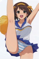 Rule 34 | 1girl, absurdres, blush, breasts, brown eyes, brown hair, cheerleader, hairband, haruhisky, highres, leg up, open mouth, panties, pantyshot, pom pom (cheerleading), scan, scan artifacts, short hair, simple background, skirt, smile, solo, striped clothes, striped panties, suzumiya haruhi, suzumiya haruhi no yuuutsu, underwear, white background