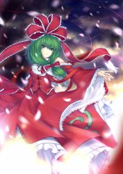 Rule 34 | 1girl, adapted costume, alternate costume, bare shoulders, bow, breasts, bug, butterfly, detached sleeves, dress, female focus, frills, front ponytail, gradient background, green eyes, green hair, hair bow, hair ribbon, insect, kagiyama hina, matching hair/eyes, medium breasts, petals, ribbon, scarlethy, solo, string, touhou