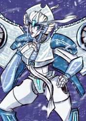 Rule 34 | 1girl, blue eyes, breasts, delari, hand on own hip, highres, humanoid robot, mechanical parts, mechanical wings, medium breasts, red lips, robot, snow, solo, the transformers (idw), thighs, transformers, windblade, wings