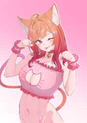 Rule 34 | 1girl, absurdres, ahoge, alternate costume, animal ears, bell, blush, breasts, cat ears, cat tail, cleavage, cleavage cutout, clothing cutout, collar, hair ornament, hairpin, heart, heart tattoo, highres, hololive, hololive dev is, ichijou ririka, inuinuo gataken, long hair, looking at viewer, multicolored hair, navel, neck bell, one eye closed, orange eyes, orange hair, paw print tattoo, solo, tail, tattoo, tongue, tongue out, virtual youtuber