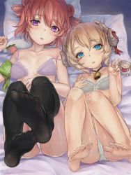 Rule 34 | 2girls, artist name, ass, barefoot, bed, bell, black legwear, blonde hair, blue eyes, blush, bra, breasts, cleavage, copyright request, feet, food, foot focus, foreshortening, frilled bra, frills, fruit, grey bra, hair between eyes, highres, horns, indoors, klem, looking at viewer, lying, multiple girls, neck bell, on back, on bed, panties, parted lips, pillow, pink panties, purple bra, purple eyes, red hair, sheep horns, short hair, small breasts, soles, thighhighs, toes, underwear, underwear only, white panties