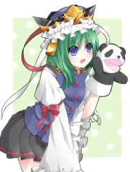 Rule 34 | 1girl, :d, asymmetrical hair, black skirt, blouse, blue eyes, blush, commentary request, green hair, hand puppet, hat, long sleeves, open mouth, panda, puffy sleeves, puppet, red ribbon, ribbon, sawara (starligtvision), shiki eiki, shirt, skirt, smile, solo, touhou, vest, white ribbon, wide sleeves