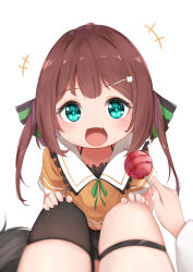 Rule 34 | +++, 2girls, :d, absurdres, aqua eyes, black legwear, blush, brown hair, candy, child, fang, female pov, food, fox tail, hair ornament, hairclip, hands on another&#039;s knees, head tilt, highres, hololive, lollipop, multiple girls, natsuiro matsuri, open mouth, pov, shirakami fubuki, single thighhigh, skin fang, smile, symbol-only commentary, tail, thigh strap, thighhighs, to naive, virtual youtuber, white background, aged down