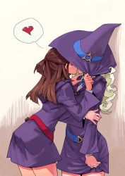 Rule 34 | 10s, 2girls, absurdres, archvermin, belt, blonde hair, brown hair, commentary, diana cavendish, dress, hat, hat over eyes, hat tug, heart, hidden face, highres, kagari atsuko, kiss, little witch academia, long hair, multiple girls, pulling another&#039;s clothes, spoken heart, witch, witch hat, yuri