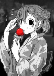 Rule 34 | 1girl, 4shi, bags under eyes, bitten, blurry, blurry background, commentary request, dango-chan (4shi), dango hair ornament, fang, floral print, food-themed hair ornament, food bite, from side, greyscale, hair between eyes, hair bun, hair ornament, hairclip, hands up, highres, holding, hollow eyes, japanese clothes, kendama, kimono, long sleeves, looking at viewer, looking to the side, monochrome, original, people, print kimono, sash, short hair, skin fang, solo, spot color, summer festival, translation request, upper body, wide sleeves, yukata