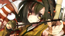 Rule 34 | 10s, 1girl, arrow (projectile), blood, bow (weapon), brown eyes, brown hair, burnt clothes, hachimaki, headband, hiryuu (kancolle), japanese clothes, kantai collection, personification, quiver, shirokitsune, short hair, side ponytail, weapon