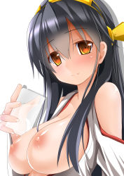 Rule 34 | 10s, 1girl, bare shoulders, black hair, breasts, detached sleeves, drink, hairband, haruna (kancolle), japanese clothes, kantai collection, large breasts, long hair, looking at viewer, nipples, personification, smile, solo, takeyuu