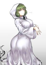 Rule 34 | 1girl, ass, breasts, dress, from behind, ghost pose, ghost tail, gradient background, green dress, green eyes, green hair, grey background, hooded robe, huge ass, large breasts, long sleeves, looking at viewer, looking back, robe, short hair, simple background, soga no tojiko, solo, touhou, unamused, white background, wide hips, yuugatou (yuuzutu)