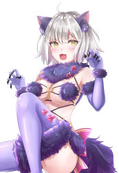 Rule 34 | 1girl, ahoge, animal ears, bad id, bad pixiv id, blush, breasts, cleavage, cosplay, fate/grand order, fate (series), grey hair, highres, jeanne d&#039;arc (fate), jeanne d&#039;arc alter (avenger) (fate), jeanne d&#039;arc alter (fate), large breasts, looking at viewer, mash kyrielight, mash kyrielight (dangerous beast), mash kyrielight (dangerous beast) (cosplay), official alternate costume, open mouth, purple thighhighs, rossa (pixiv27548922), short hair, simple background, solo, tail, thighhighs, white background, wolf ears, wolf tail, yellow eyes