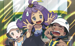 Rule 34 | 1boy, 2girls, acerola (pokemon), black dress, black hair, breasts, brown eyes, brown hair, building, cleavage, closed eyes, collarbone, creatures (company), crying, dress, elite four, flat chest, game freak, hair ornament, ishikawa hideki, looking at another, medium hair, multiple girls, nintendo, official art, pokemon, pokemon sm, pokemon tcg, preschooler (pokemon), purple eyes, purple hair, short hair, short twintails, standing, sweatdrop, third-party source, trial captain, twintails, white headwear