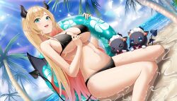 Rule 34 | 1girl, absurdres, bare arms, bare legs, bare shoulders, beach, bikini, black bikini, blonde hair, blue eyes, breasts, cleavage, day, demon girl, demon horns, demon tail, demon wings, dutch angle, feet out of frame, highres, hololive, horns, innertube, large breasts, long hair, looking at viewer, navel, ocean, open mouth, outdoors, pointy ears, roina (effj7473), sitting, smile, solo, stomach, string bikini, swim ring, swimsuit, tail, tail raised, thighs, very long hair, virtual youtuber, wet, winged heart, wings, yuzuki choco