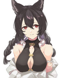 Rule 34 | 1girl, animal ears, arms under breasts, bare shoulders, black hair, black one-piece swimsuit, braid, breasts, cleavage, closed mouth, clothes down, granblue fantasy, hair between eyes, highres, large breasts, long hair, nier (granblue fantasy), nier (lover by the lily lake) (granblue fantasy), nos, one-piece swimsuit, red eyes, shirt, solo, swimsuit, twin braids, upper body, white shirt