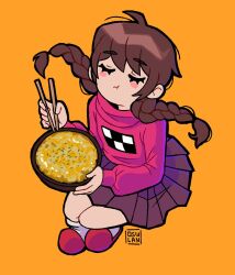 Rule 34 | 1girl, ahoge, blush, blush stickers, braid, brown hair, casserole, chewing, chopsticks, closed eyes, closed mouth, eating, eyelashes, floating hair, food, from above, full body, hands up, holding, holding chopsticks, holding food, long hair, long sleeves, looking up, madotsuki, orange background, osulan, pleated skirt, puffy long sleeves, puffy sleeves, purple skirt, red footwear, red sweater, shoes, simple background, sitting, skirt, socks, solo, sweater, turtleneck, turtleneck sweater, twin braids, twintails, white socks, yume nikki