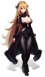 Rule 34 | 1girl, black pants, black shirt, blonde hair, breasts, closed mouth, coat, creatures (company), crossed legs, cynthia (pokemon), full body, fur-trimmed coat, fur collar, fur trim, game freak, grey eyes, hair ornament, hair over one eye, highres, large breasts, long hair, nintendo, pants, pokemon, pokemon dppt, shadow, shirt, smile, solo, taut clothes, very long hair, volyz, watson cross