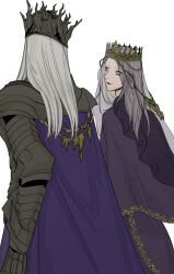 Rule 34 | 2boys, armor, cape, closed mouth, crown, dark souls (series), dark souls iii, full armor, gauntlets, grey hair, k34dsds, long hair, looking to the side, lorian (elder prince), lothric (younger prince), male focus, multiple boys, purple cape, purple robe, robe, simple background, smile, trap, white background, white hair