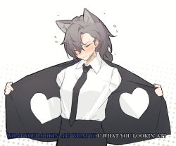 Rule 34 | 1girl, akechi (826988799), animal ears, arknights, black nails, black necktie, black pants, blush, brown hair, chinese commentary, closed eyes, collared shirt, commentary request, embarrassed, english text, flying sweatdrops, heart, highres, jacket, le sserafim, long hair, mole, mole above eye, nail polish, necktie, open clothes, open jacket, opened by self, pants, penance (arknights), shirt, solo, upper body, white background, white jacket, white shirt
