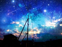 Rule 34 | absurdres, blue sky, cloud, cloudy sky, comet, highres, house, night, night sky, no humans, original, outdoors, scenery, sky, sparkle, star (sky), starry sky, town, usamochi., usamochi (7290381), utility pole