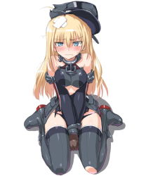 Rule 34 | 10s, 1girl, bare shoulders, bismarck (kancolle), black panties, blue eyes, blush, boots, breasts squeezed together, breasts, crossed bandaids, dd (ijigendd), detached sleeves, full body, hat, kantai collection, long hair, looking at viewer, panties, peaked cap, solo, sweatdrop, tears, thigh boots, thighhighs, torn clothes, torn thighhighs, underwear, v arms, wavy mouth, white background