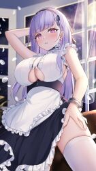 Rule 34 | 1girl, absurdres, apron, arm up, azur lane, bare arms, breasts, dido (azur lane), earrings, frills, highres, jewelry, jyu-so, large breasts, long hair, looking at viewer, parted lips, purple eyes, purple hair, revision, solo, thighhighs, thighs, white apron, white thighhighs