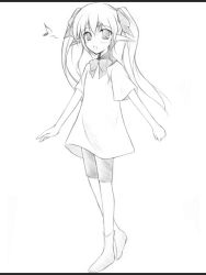 Rule 34 | 1girl, :d, ankle boots, bike shorts, blush, boots, bow, bowtie, colette brause, dress, elf, flat chest, full body, furukawa aki, greyscale, hair between eyes, hair ribbon, letterboxed, long pointy ears, looking at viewer, monochrome, musical note, open mouth, pastel chime, pointy ears, quaver, ribbon, school uniform, short dress, shorts, shorts under dress, shorts under skirt, simple background, smile, solo, spoken musical note, standing, tiptoes, turtleneck, twintails, walking, white background