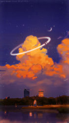 Rule 34 | 1other, ambiguous gender, animal ears, building, cloud, crescent moon, dated, eromkk, halo, highres, lake, light particles, moon, night, night sky, original, outdoors, rabbit ears, rabbit tail, reflection, reflective water, scenery, signature, sky, solo, standing, star (sky), starry sky, tail, twitter username, water