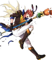 Rule 34 | 1boy, animal hat, black gloves, boots, broken, broken weapon, brown footwear, cape, damaged, fire emblem, fire emblem: three houses, fire emblem heroes, gloves, hat, highres, holding, holding pole, male focus, nintendo, non-web source, official alternate costume, official art, pants, pole, polearm, rabbit hat, red eyes, red hair, solo, sylvain jose gautier, sylvain jose gautier (spring), torn clothes, torn pants, weapon, white pants
