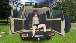 Rule 34 | 1girl, absurdres, acrux, akiyama yukari, ankle boots, artist logo, backpack, bag, black footwear, blue skirt, blue sky, boots, brown eyes, brown hair, camouflage, camouflage panties, car, casual, closed mouth, cloud, cloudy sky, commentary, crotch seam, dated, day, drawstring, english commentary, forest, girls und panzer, grass, green panties, grey hoodie, grey skirt, highres, hood, hood down, hoodie, legs, messy hair, miniskirt, motor vehicle, nasa logo, nature, nissan, nissan safari, outdoors, panties, pantyshot, photo background, short hair, sitting, skirt, sky, smile, solo, sports utility vehicle, spread legs, thighs, underwear