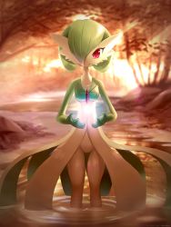 Rule 34 | 1girl, absurdres, ancesra, artist name, blurry, blurry background, bob cut, breasts, closed mouth, colored skin, creatures (company), female focus, floating, floating object, forest, game freak, gardevoir, gen 3 pokemon, glowing, green skin, hair over one eye, hands up, happy, highres, jewelry, light rays, multicolored skin, nature, necklace, nintendo, outdoors, partially submerged, patreon username, pokemon, pokemon (creature), red eyes, ripples, short hair, small breasts, smile, solo, standing, straight-on, stream, sunlight, sunset, tree, two-tone skin, wading, water, watermark, web address, white skin