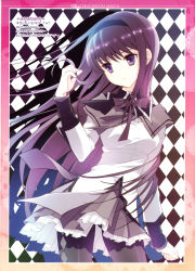 10s 1girl absurdres akemi_homura argyle_background argyle_clothes argyle_legwear black_hair black_pantyhose female_focus frilled_skirt frills gradient_background hairband highres long_hair magical_girl mahou_shoujo_madoka_magica pantyhose pleated_skirt purple_eyes ribbon shirahane_nao skirt solo standing white_background