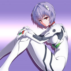 Rule 34 | 1girl, ayanami rei, blue hair, bodysuit, bracer, closed mouth, eyebrows, fish.boy, from side, frown, gradient background, hair between eyes, hair ornament, hands on own knees, highres, interface headset, looking at viewer, neon genesis evangelion, pilot suit, plugsuit, purple background, red eyes, short hair, sitting, solo