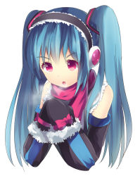 Rule 34 | 1girl, aqua hair, bison cangshu, breath, detached sleeves, hatsune miku, highres, mittens, pink eyes, scarf, simple background, solo, twintails, vocaloid, white background